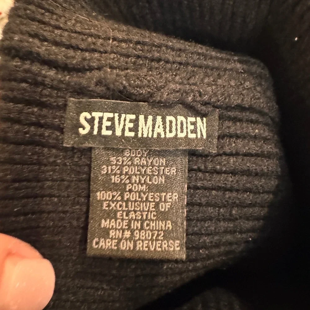 Steve Madden Black Beanie Hat Rhinestone‎ Embellished Pom Pom Cozy Winter Warm